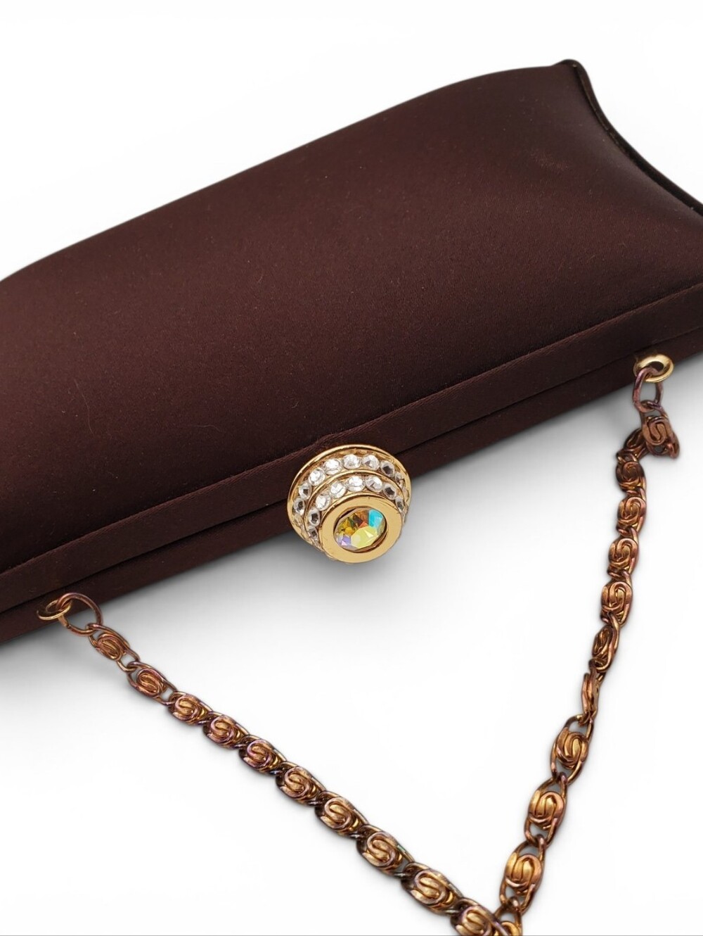 Carlo Fellini Natalie Brown Satin Evening Clutch Bag Gold Chain Rhinestone Clasp